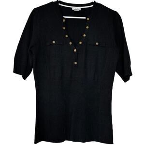 Cache Blouse Top Knitted Deep V-Neck Short Sleeve Button Embellished Black Large